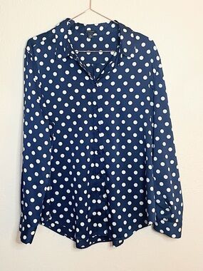 Ann Taylor Navy White Polka Dot Button Front Blouse XL